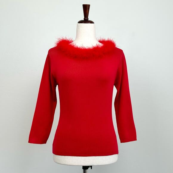 Joseph A. Y2K Red Silk Feather Neckline Knit Sweater - Picture 1 of 6